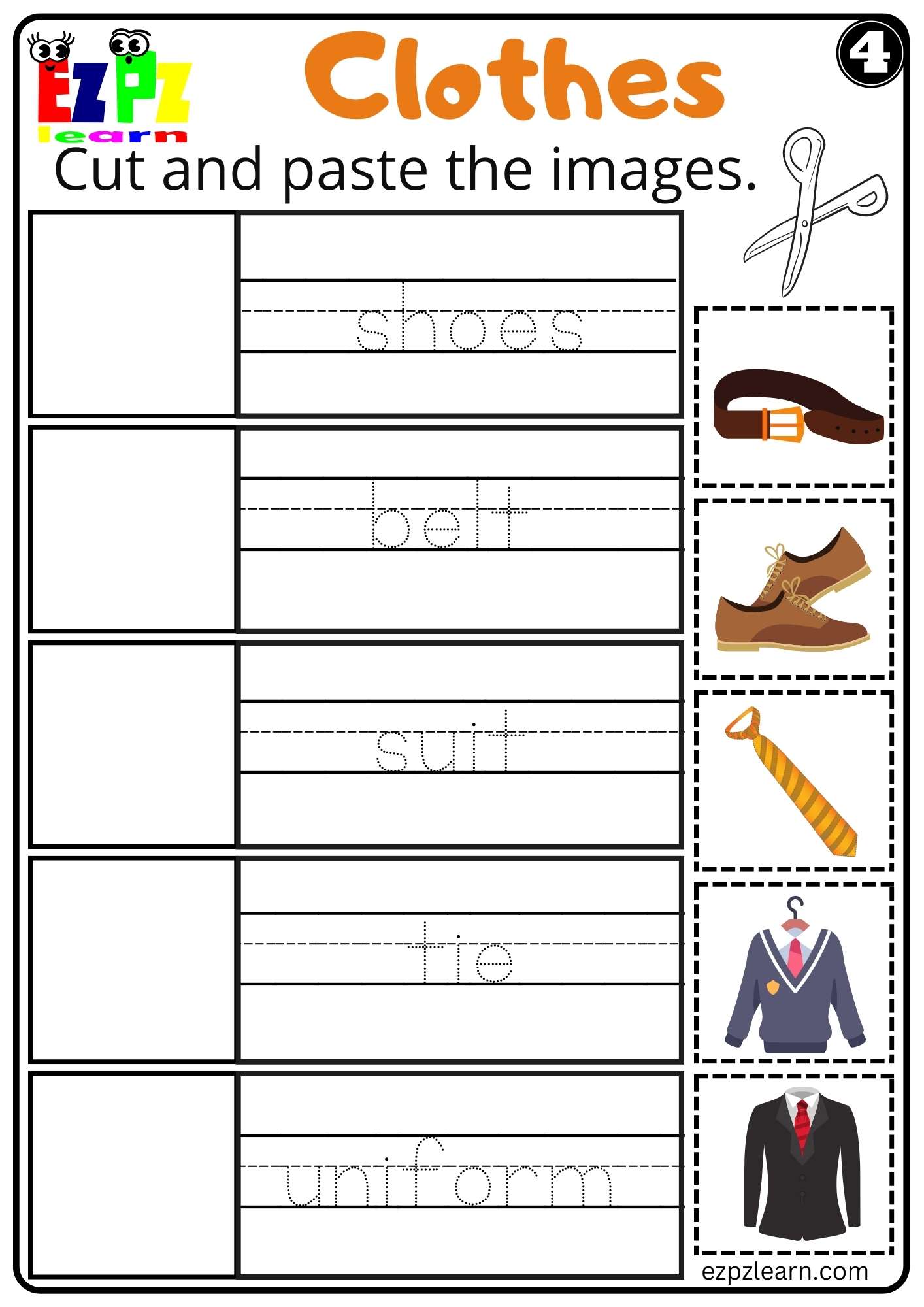 Clothes Cut and Paste Worksheet for Kindergarten K5 and ESL set 4